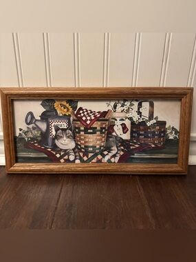 Laurie Korsgaden Vintage Framed Folk Art Cat Print Flowers Baskets Country Farm